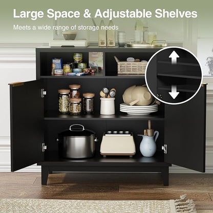 Buffet Cabinet with Storage - Elegant Fluted Storage Cabinet with Adjustable Shelves and Solid Wood Leg, Modern Buffet Sideboard for Living Room, Dining Room, Entryway