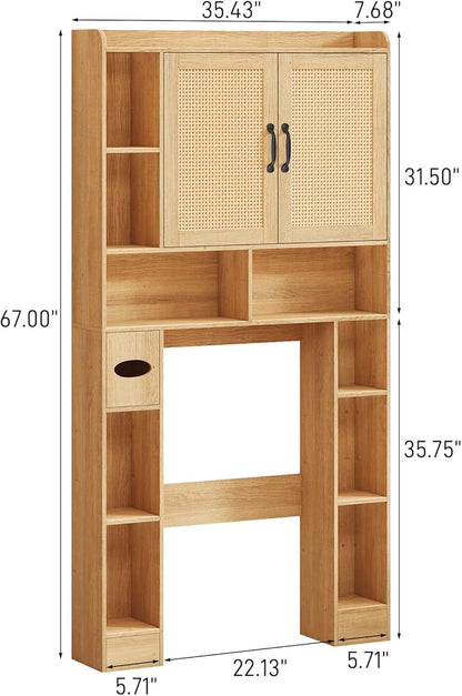Vabches Farmhouse Style Rattan Over-The-Toilet Storage Cabinet with 2 Rattan Doors, Toilet Paper Holder - Space-Saving Oak Bathroom Organizer.