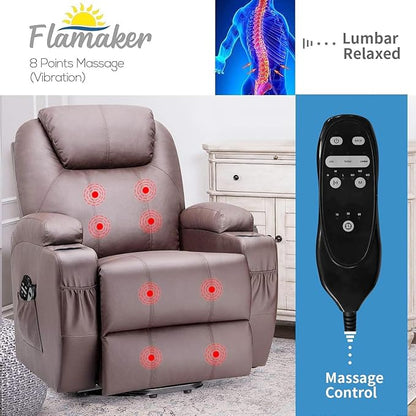 Flamaker Power Lift Recliner Chair Electric Lift Recliner for Elderly Power Lift Recliner Chair with Cup Holders Side Pockets for Living Room (Leather, Brown)