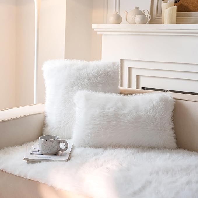 Neelvin Cream White Faux Fur Cozy Fluffy Double-Sided Decorative Throw Pillow Covers 22x22 inch Set of 2,Velvet Pillowcase Cushion Case for Sofa Couch