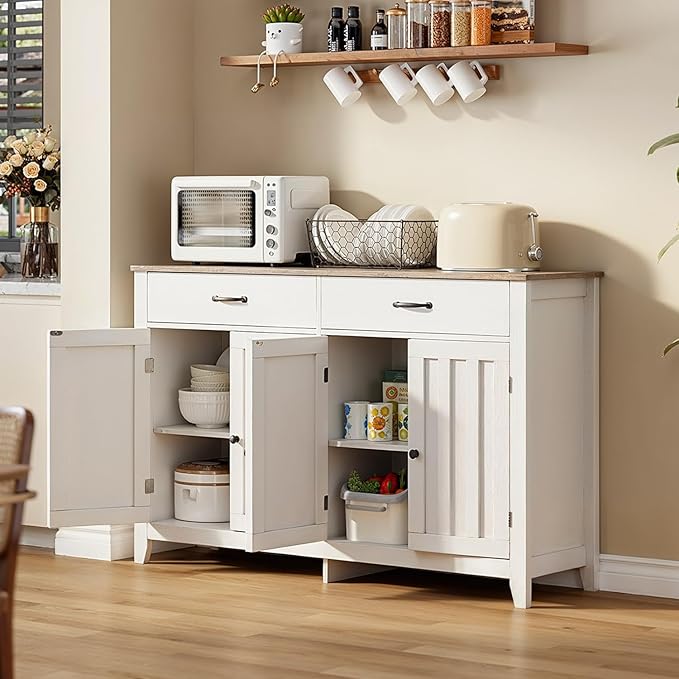 Gizoon 55" Buffet Cabinet, Sideboard Buffet Cabinet with Storage, Modern Coffee Bar with 2 Drawers and 4 Doors, Kitchen Pantry Storage, Wood Kitchen Sideboard Table, Adjustable Shelf, White/Grey