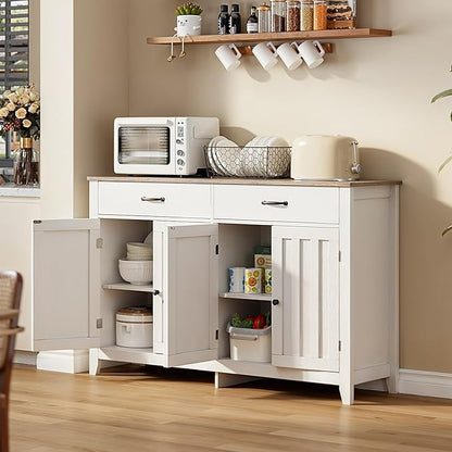 Gizoon 55" Buffet Cabinet, Sideboard Buffet Cabinet with Storage, Modern Coffee Bar with 2 Drawers and 4 Doors, Kitchen Pantry Storage, Wood Kitchen Sideboard Table, Adjustable Shelf, White/Grey