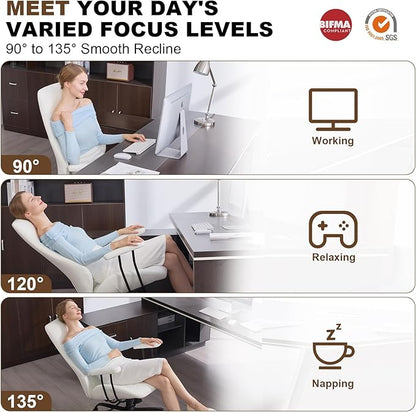 Home Office Desk Chair, Ergonomic High Back Leather Computer Chair with Lumbar Support, Adjustable Height & Recline, Swivel Executive Office Chair with Armrests and Rubber Casters, White