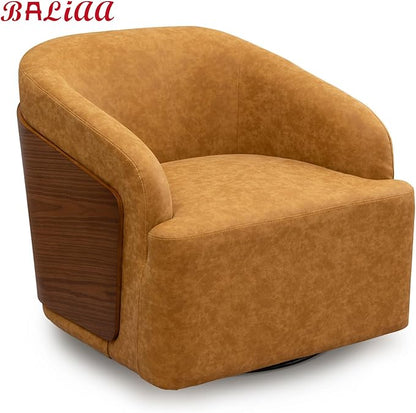 Swivel Accent Chair Faux Leather Swivel Barrel Chair Comfortable Mid Century Modern Chair Upholstered Metal Base Armchair for Living Room Bedroom Office Large Vintage Yellow