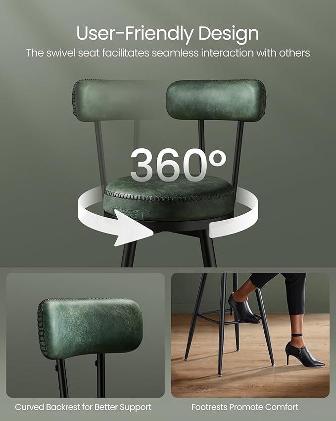 VASAGLE EKHO Collection - Bar Stools Set of 2, Swivel Counter Height Bar Stools with Back, Synthetic Leather with Stitching, Mid-Century Modern, 25.6-Inch Tall Barstools for Kitchen Bar, Forest Green