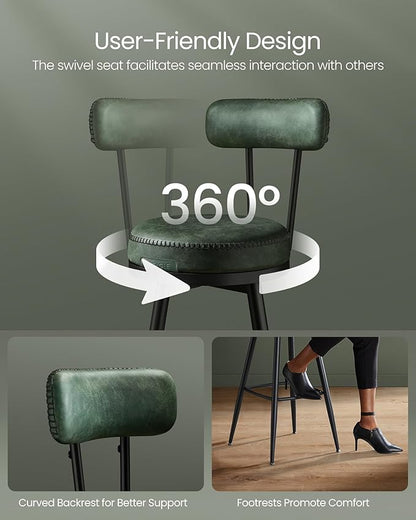 VASAGLE EKHO Collection - Bar Stools Set of 2, Swivel Counter Height Bar Stools with Back, Synthetic Leather with Stitching, Mid-Century Modern, 25.6-Inch Tall Barstools for Kitchen Bar, Forest Green