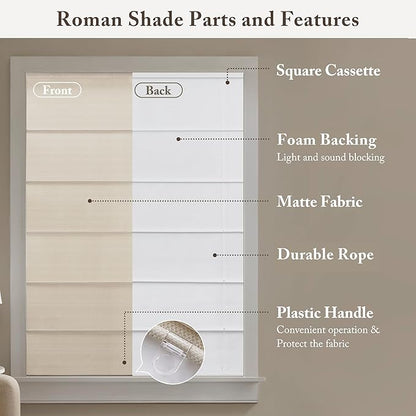 Madison Park Galen Matte Linen Cordless Roman Shades - Fabric Privacy Single Panel Darkening, Energy Efficient, Thermal Insulated Window Blind Treatment, for Home, Living Room Decor, 27" W x 64" H