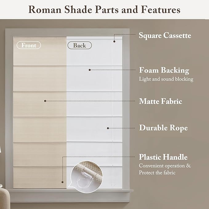 Madison Park Galen Matte Linen Cordless Roman Shades - Fabric Privacy Single Panel Darkening, Energy Efficient, Thermal Insulated Window Blind Treatment, for Home, Living Room Decor, 33" W x 64" H