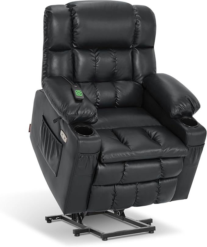 MCombo Dual Motor Small Power Lift Recliner Chair for Elderly, Lay Flat Lift Chair with Heat and Massage, Petite Lift Chair, Cup Holders, Faux Leather 7893 (Black, Small)