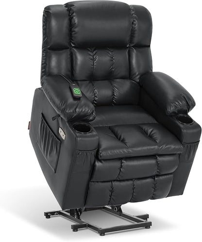 MCombo Dual Motor Small Power Lift Recliner Chair for Elderly, Lay Flat Lift Chair with Heat and Massage, Petite Lift Chair, Cup Holders, Faux Leather 7893 (Black, Small)