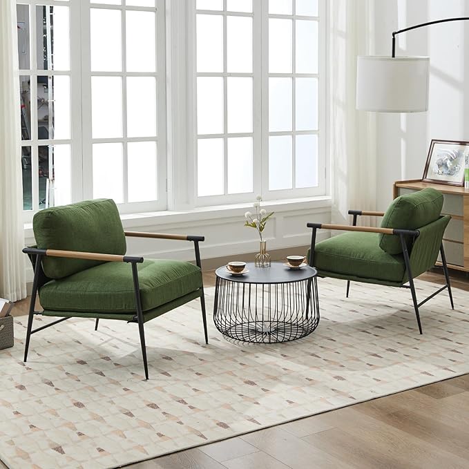 HEAH-YO Modern Accent Chairs Set of 2, Upholstered Linen Fabric Living Room Chairs with Backrests and Metal Legs, Comfy Reading Side Armchairs for Bedroom, Green