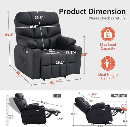 MCombo Oversized Power Lift Recliner Chair with Extended Footrest for Elderly People, Faux Leather R7289 (Black, Oversize)