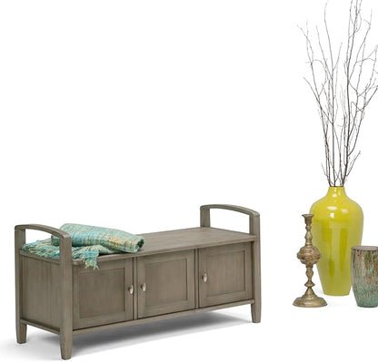 SIMPLIHOME Warm Shaker Entryway Storage Bench - 44 inch Wide Solid Wood Storage Seat in Distressed Grey, Transitional Bench Seat for Mudroom or Living Room with Lift-Up Lid and Shaker-Style Panels