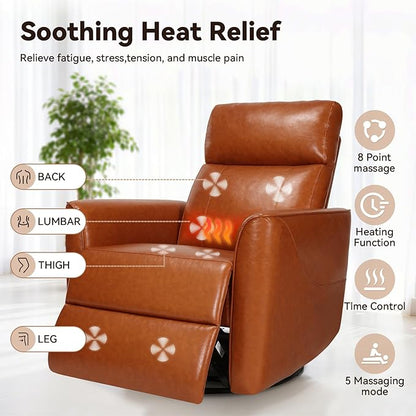 Himimi Power Recliner Chair, Swivel Recliner Chair for Adults, Glider Recliner Nursery Chair with Massage and Heat, Faux Leather, Side Pocket, USB Charging, Living Room, Bedroom, Orange-Brown