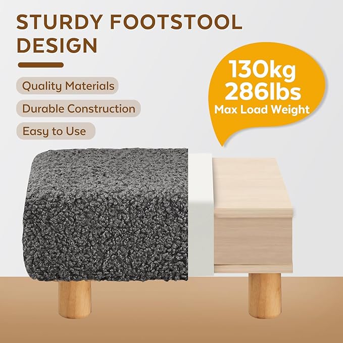 Small Foot Stool Ottoman, Sherpa Footstool Ottoman Foot Rest for Couch, Rectangle Footstools and Ottomans Small for Living Room, Entryway and Bedroom (Gray)