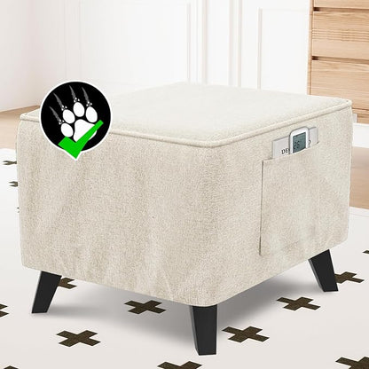 H.VERSAILTEX Sturdy Ottoman Cover Linen Look Ottoman Slipcover with Storage Side Pocket Thick Footrest Stool Covers with Elastic Band for Square Ottoman Fit Length 36"-37" Footrest - Heather Ivory