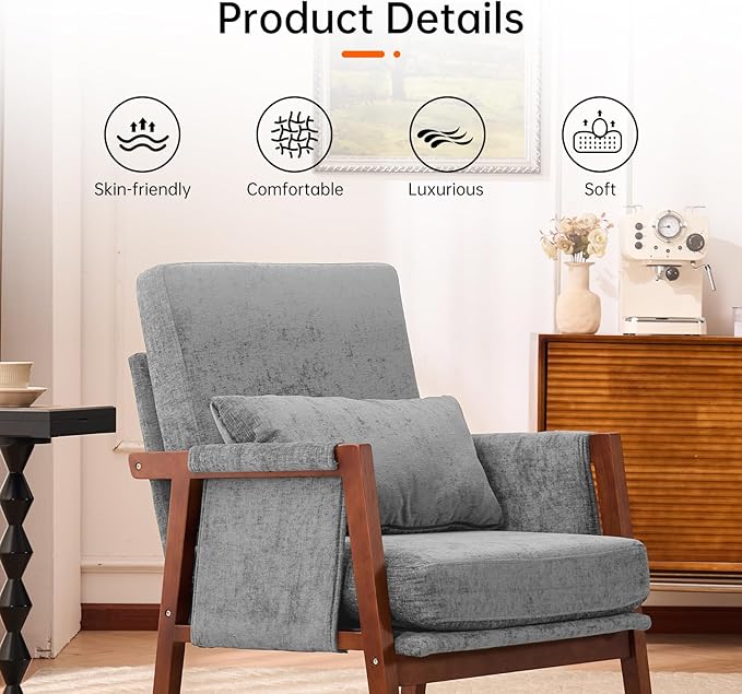 Accent Chair Mid-Century Modern with Lumbar Support Pillow, Upholstered Living Room Chairs with Wooden, Chenille Armchair with Cushion, Anthropologie Side Chair for Bedroom, Light Grey
