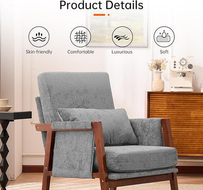 Accent Chair Mid-Century Modern with Lumbar Support Pillow, Upholstered Living Room Chairs with Wooden, Chenille Armchair with Cushion, Anthropologie Side Chair for Bedroom, Light Grey