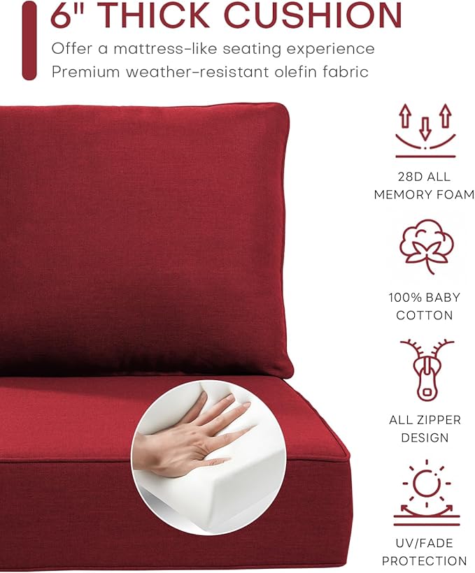 Luxury 24x24x6 Inch Patio Chair Cushions Set of 3 - Memory Foam Deep Seat Water-Resistant Patio Cushion for Lawn Dining Rocking Swivel Chairs Loveseat 3-Seater Sectional Sofa - Red
