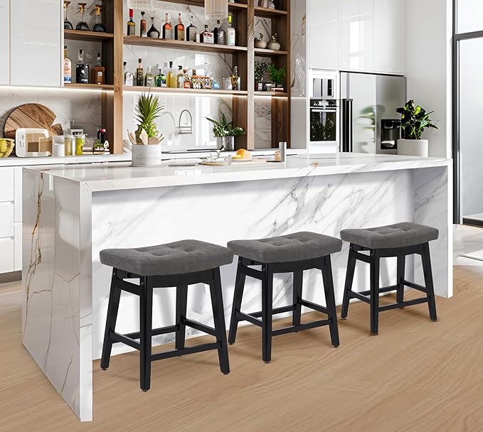 Counter Height Bar Stools Set of 2 for Kitchen Counter Farmhouse Modern Barstools with Faux Leather Upholstered Backless Seat and Solid Wood Legs 24 inch Bar Chairs, Grey + Black