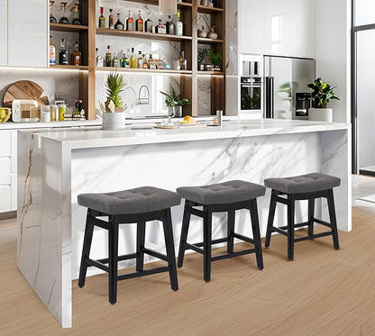 Counter Height Bar Stools Set of 3 for Kitchen Counter Farmhouse Modern Barstools with Faux Leather Upholstered Backless Seat and Solid Wood Legs 24 inch Bar Chairs, Grey + Black