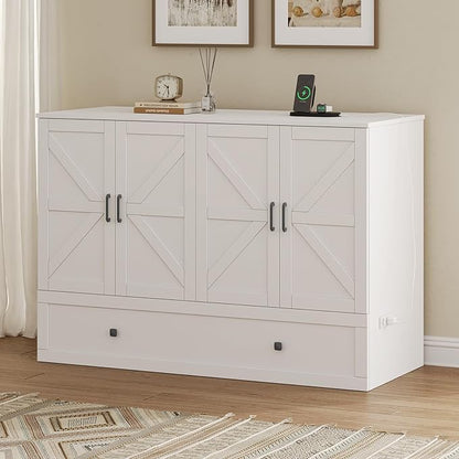 Full Size Murphy Bed with Charging Station - Wall Mounted Hideaway Cabinet Bed, Foldable Panel & Large Storage Drawer for Home Office,Small Room,Guest Bedroom,Living Room, White