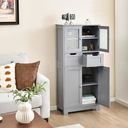 LOKO Bathroom Cabinet, Linen Storage Organizer with Doors & Drawers, Wooden Floor Cabinet with Adjustable Shelves for Bathroom, Living Room or Kitchen (Grey)