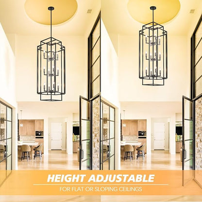 High Ceiling Entryway Chandelier: 12-Light Farmhouse Lantern Chandelier, Industrial Large Pendant Light Fixtures, Foyer Chandeliers for High Ceilings, for Entry, Staircase, Hallway (Black & Silver)