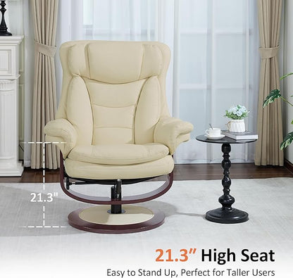 MCombo Oversized Swivel Recliner Chair with Ottoman, Adjustable Backrest, 360° Wood Base, High Seat, Faux Leather Lounge Chair for Tall Users in Living Room Office 4651 (Cream White)