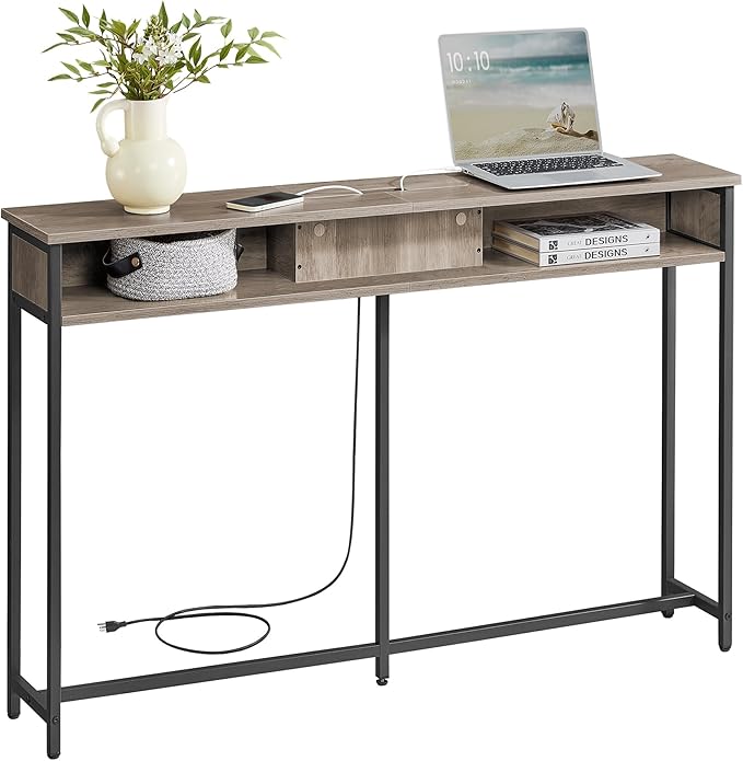 VASAGLE 55.1-Inch Console Table with Outlet and Shelves, Sofa Table with Charging Station, Behind Couch Table Skinny, Entryway Table for Hallway, Living Room, Heather Greige and Ink Black ULNT120K02