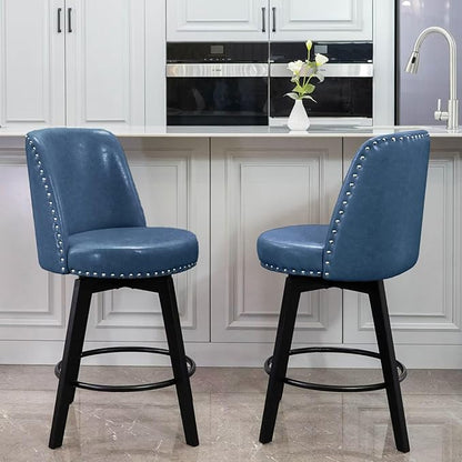 MINCETA Bar Stool, PU Leather Barstool, 26 Inch Upholstered Counter Stool with High Back and Footrest, Swivel Counter Height Barstool for Kitchen Island Home Bar Navy Blue