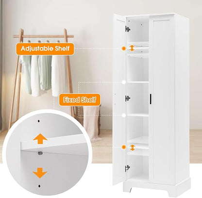 Tall Storage Cabinet, Bathroom Floor Freestanding Storage Cabinet with 2 Doors, 5 Shelves, and Adjustable Shelves for Bathroom, Office, Living Room, White