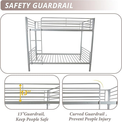Karl Home Grey Bunk Bed Twin Over Twin, Metal Bunk Bed with Built-in Ladder and Safety Guardrail, Space-Saving Bunk Beds for Kids, Teens & Adults, No Box Spring Needed