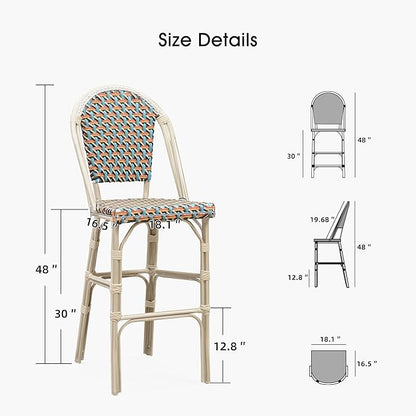 PURPLE LEAF French Bar Stool Set of 4 White Print Finish Patio Bar Stools with Back Rattan Bar Chairs Wicker Bar Height Stool 30" with Footrest Kitchen Island Stools Outdoor Barstool Colorful