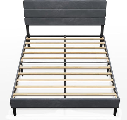 WLIVE Queen Size Upholstered Bed Frame, Velvet Square Tufted Headboard, Sturdy Metal & Wooden Slats Support, No Box Spring Needed, Light Grey