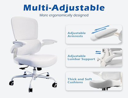 TRALT Ergonomic Office Chair - Desk Chair with Adjustable Lumbar Support Computer Chair - Mesh Comfy Chair with Flip-up Armrests - Gaming Chairs for Adults Home Office (Leather, White)