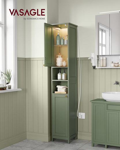 VASAGLE Tall Storage Cabinet with Lights, Slim Freestanding Cabinet with Adjustable Shelves, for Small Spaces, Bathroom, Living Room, Modern, 11.8 Inches Wide, Forest Green UBBC566C01