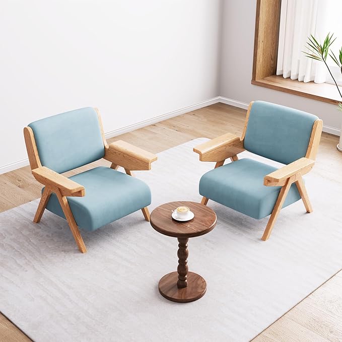Mid Century Modern Accent Chair, Fabric Upholstered Lounge Arm Chair with Solid Wood Frame for Living Room, Bedroom, Office, Reading Corner (Blue, Single Chair)