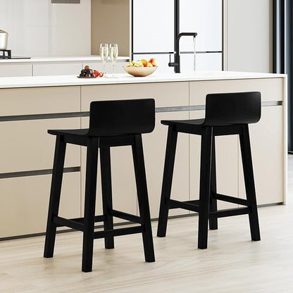 COSTWAY Solid Wood Bar Stools Set of 2, 24.5-inch Counter Height Chairs with Low Back and Footrest, Farmhouse Wooden Armless barstools for Kitchen Island, Dining Room, Cafe, Breakfast, Black