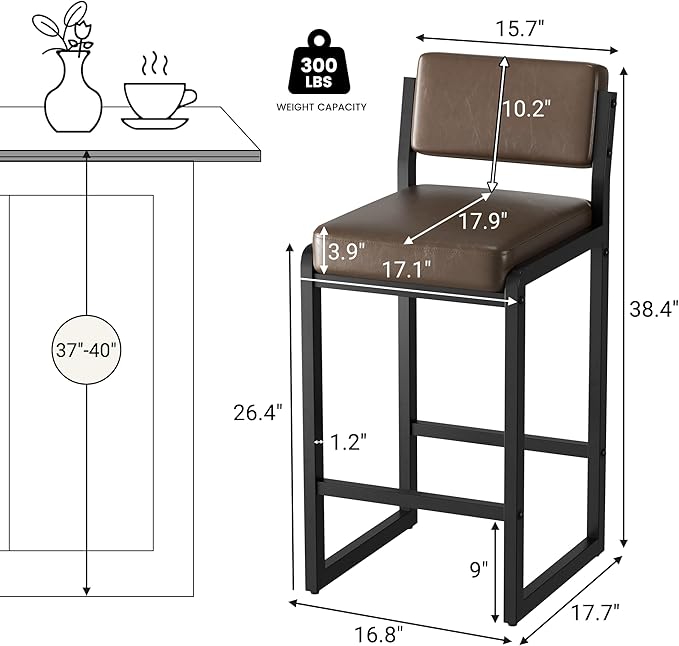 Bar Stools, Faux Leather Counter Height Bar Stools with High Back and Metal Legs, Upholstered Bar Chairs, 26" Modern Barstools for Kitchen Island, Dark Brown