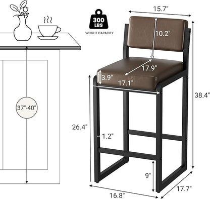 Bar Stools, Faux Leather Counter Height Bar Stools with High Back and Metal Legs, Upholstered Bar Chairs, 26" Modern Barstools for Kitchen Island, Dark Brown