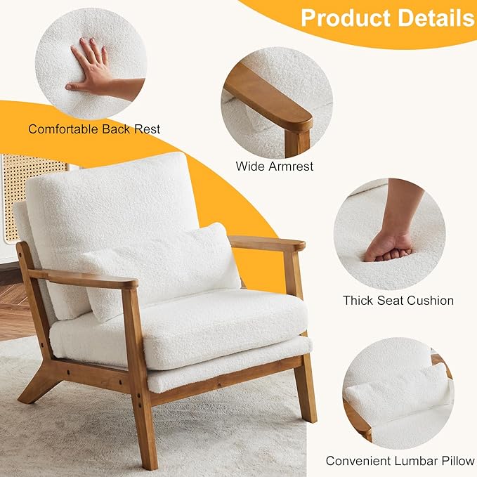 Karl home Accent Chair Wide Armrest Mid-Century Lounge Chair Teddy Fleece Armchair with Lumbar Pillow & Solid Wood Frame for Living Room, Bedroom, Balcony, White