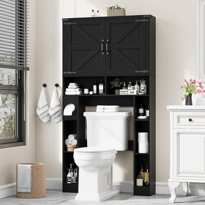 Vabches Over The Toilet Storage Cabinet, Farmhouse Storage Cabinet Over Toilet with 2 Barn Doors ，Toilet Paper Holder Stand，Home Space-Saving Toilet Rack, for Laundry, Restroom, Bathroom.Black.