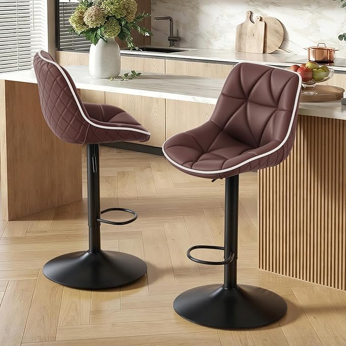 Nalupatio Bar Stools Set of 2, Adjustable Swivel Counter Height Bar Stools with Back, Armless Modern Barstools for Kitchen Island & Home Bar, Upholstered Seat,（Brown）