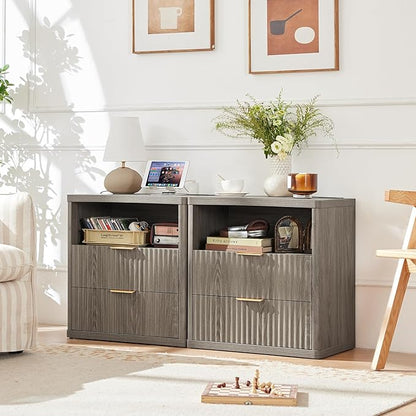 LEYAOYAO Fluted Nightstand with Charging Station, 23" Wide 2 Drawers End Table,Grey Night Stand with Open Storage Cabinet, Farmhouse Bed Side Tables, Wood Dresser for Bedroom, Living Room, Closet