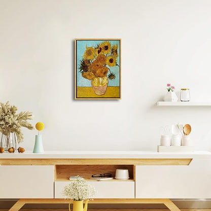 Wieco Art Framed Wall Art of Sunflower by Vincent Van Gogh Paintings Reproduction Abstract Canvas Prints for Home Living Room Decorations Bronze Gold Frame
