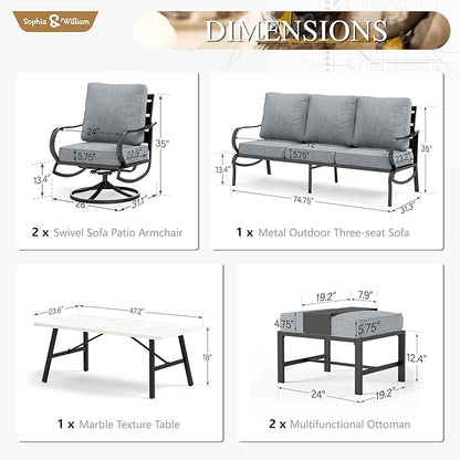 Sophia & William Patio Furniture Sets 7 Seats Outdoor Conversation Set 6 Pcs,2 x Cushioned Swivel Sofa Chairs,1 x 3-Seat Sofa,2 Ottomans, Marbling Metal Coffee Table Patio Backyard Poolside Grey