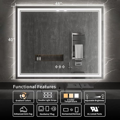 Vanity Mirror with Lights, 48x40 Inch Gradient Front and Backlit Smart Mirror, 3 Colors Dimmable CRI>90 Double Lights, IP54 Enhanced Anti-Fog, Hanging Plates Wall Mount LED Mirror