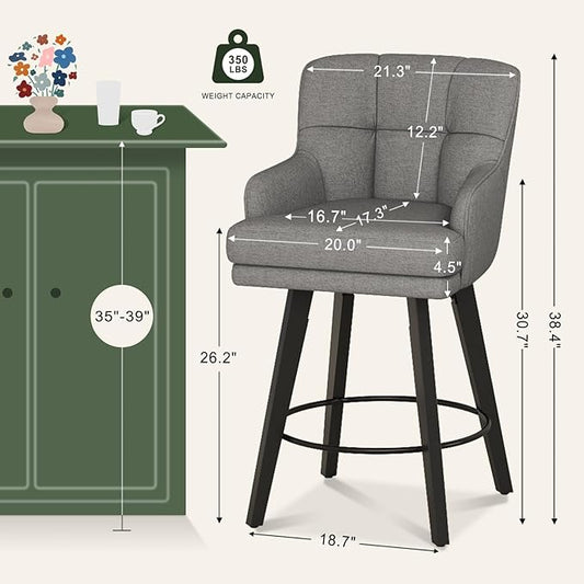 360°Swivel Counter Height Bar Stools with Back, 26 inch Solid Wood Legs, Bar Stool Modern Kitchen Island Chairs, Fabric (Mid-Grey- Fabric, 26" H- Set of 4)