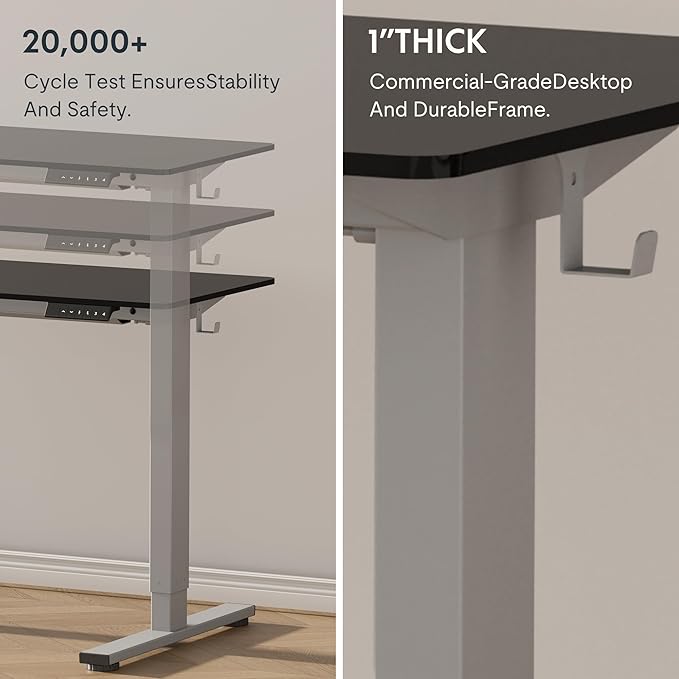 FLEXISPOT EN1 One-Piece Electric Height Adjustable Desk, 48 x 30 Inches Standing Desk Stand Up Desk Workstation (Silver Frame + 48 in Black Top, 2 Packages)